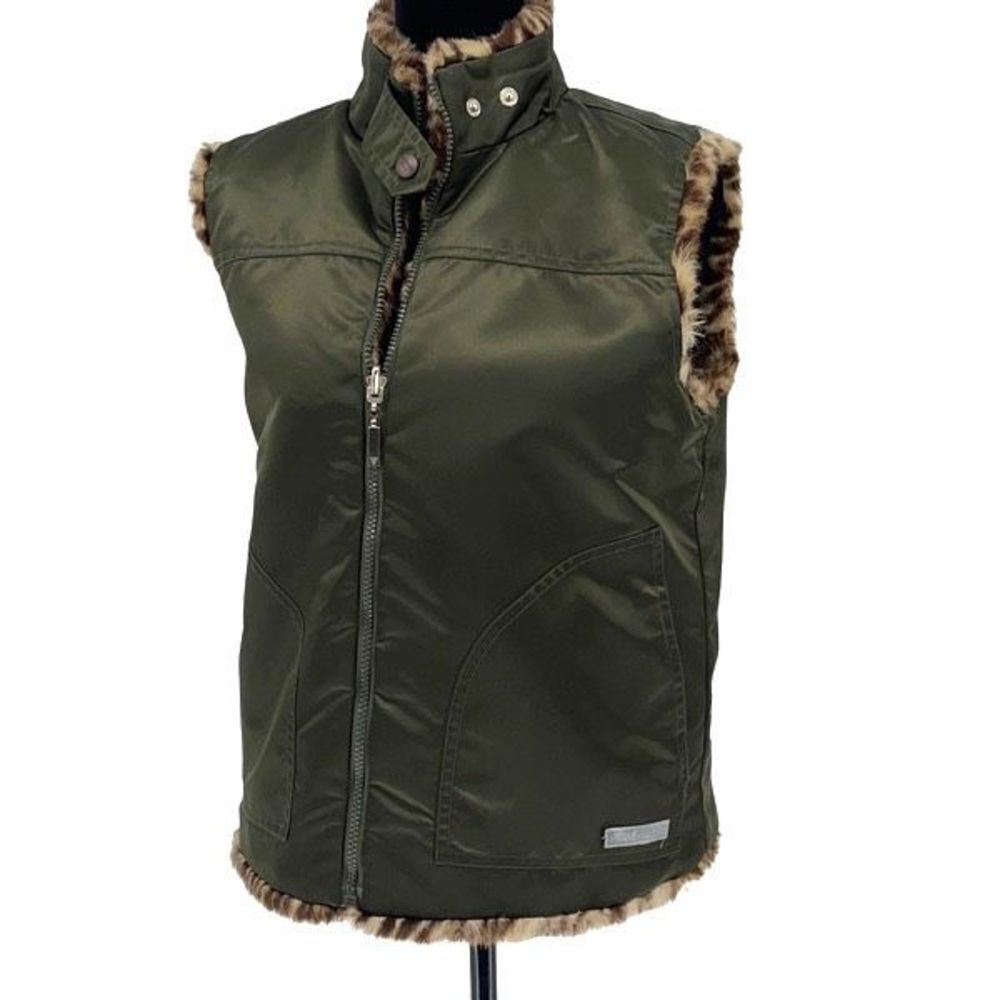 Guess Womens Faux Fur Vest Animal Print Reversible Full Zip Tan Green Medium‎